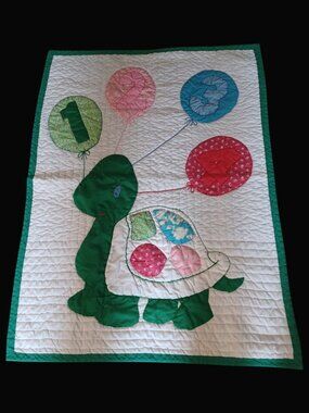 Handmade Baby Quilt Turtle Applique Numbered Balloons Patchwork 41x31 Vintage